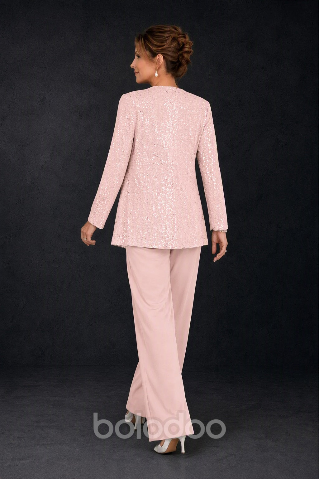 BOLODOO Blush Pink Sequin Lace 3-Piece Pant Suit with Long Sleeve Jacket - back view | BOLODOO watermark