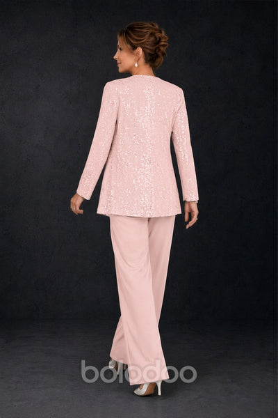 BOLODOO Blush Pink Sequin Lace 3-Piece Pant Suit with Long Sleeve Jacket - back view | BOLODOO watermark