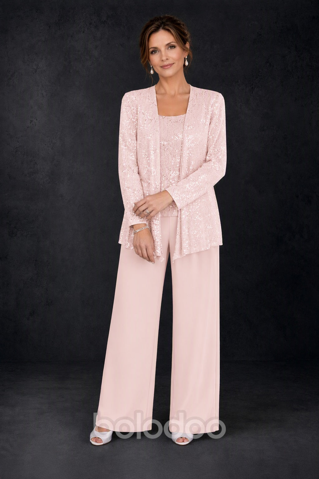 BOLODOO Blush Pink Sequin Lace 3-Piece Pant Suit with Long Sleeve Jacket - detail view | BOLODOO watermark