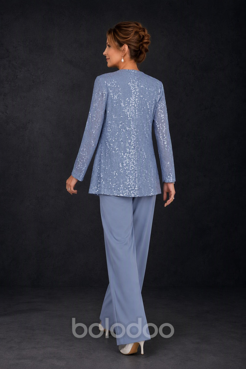 BOLODOO Dusty Blue Sequin Lace 3-Piece Pant Suit with Long Sleeve Jacket - back view | BOLODOO watermark