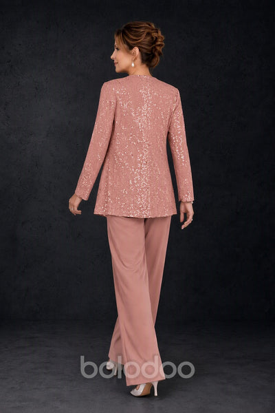 BOLODOO Dusty Rose Sequin Lace 3-Piece Pant Suit with Long Sleeve Jacket - back view | BOLODOO watermark