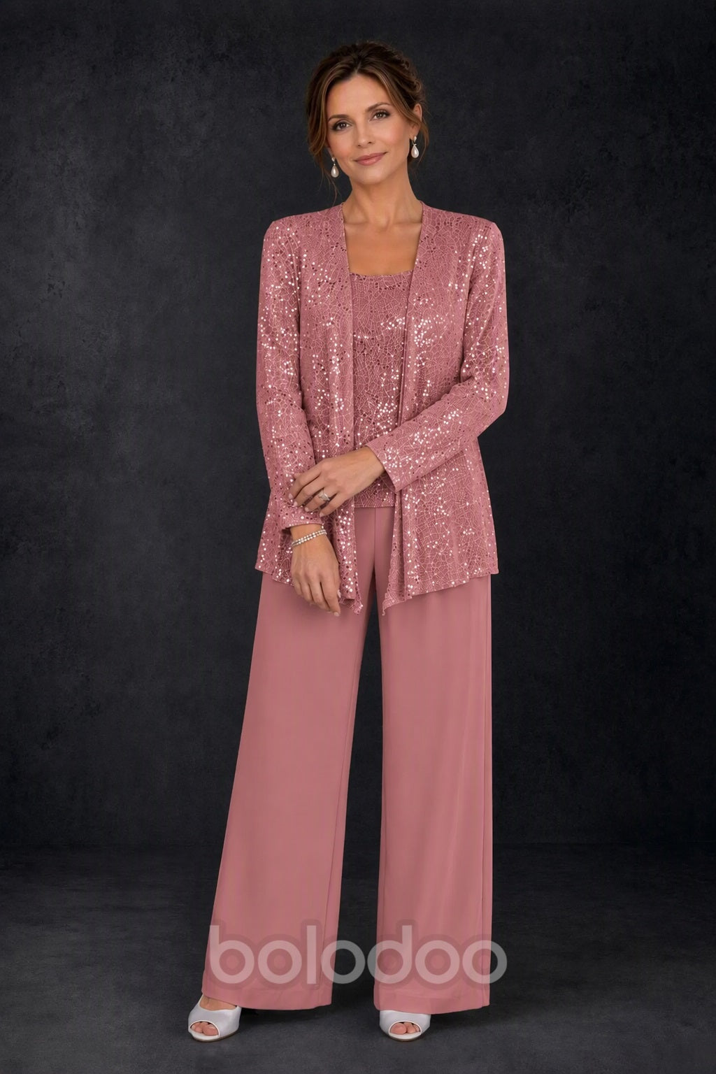 BOLODOO Dusty Rose Sequin Lace 3-Piece Pant Suit with Long Sleeve Jacket - detail view | BOLODOO watermark
