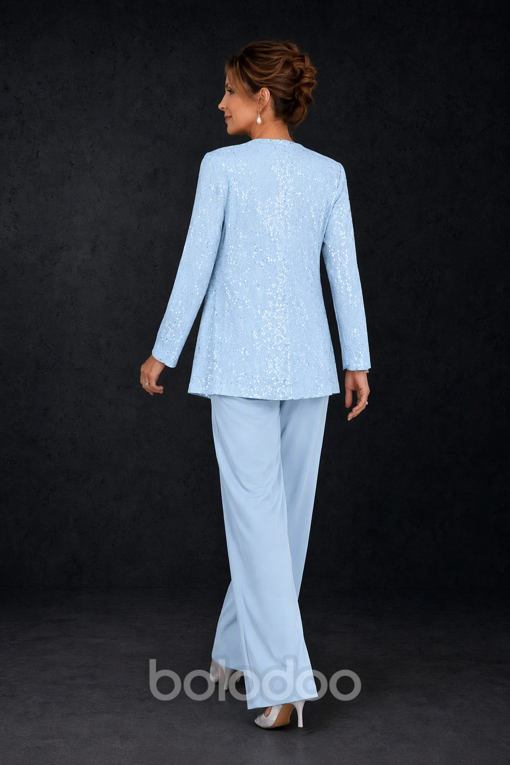 BOLODOO Ice Blue Sequin Lace 3-Piece Pant Suit with Long Sleeve Jacket - back view | BOLODOO watermark