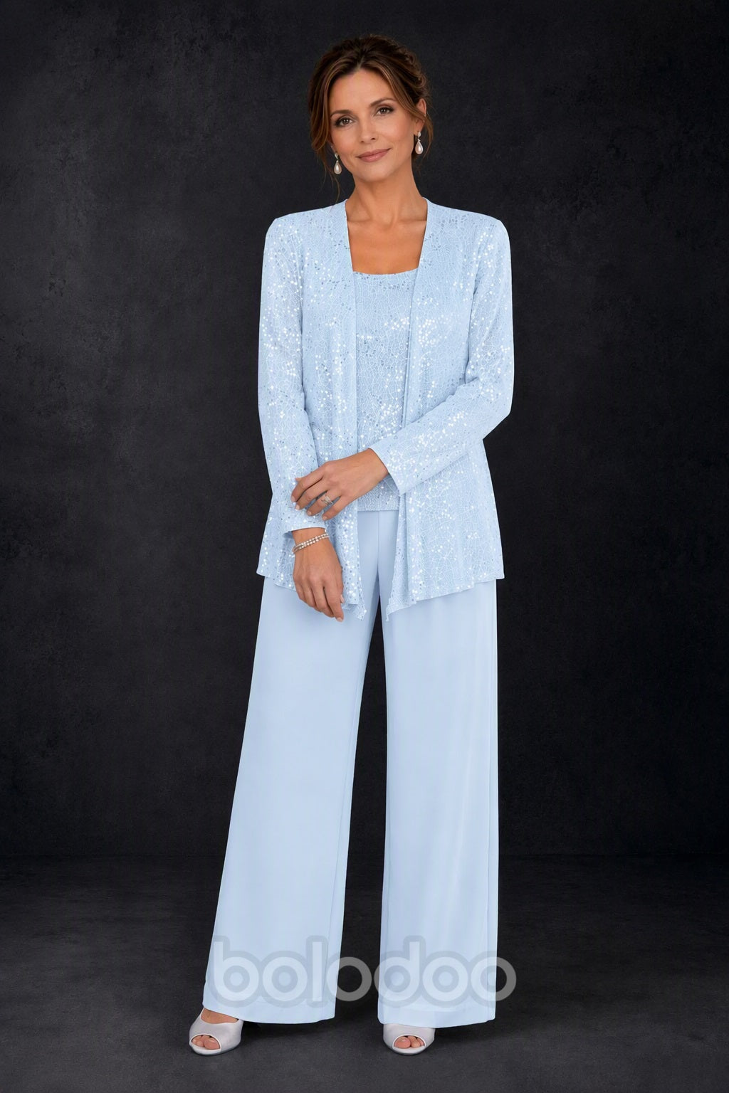 BOLODOO Ice Blue Sequin Lace 3-Piece Pant Suit with Long Sleeve Jacket - detail view | BOLODOO watermark