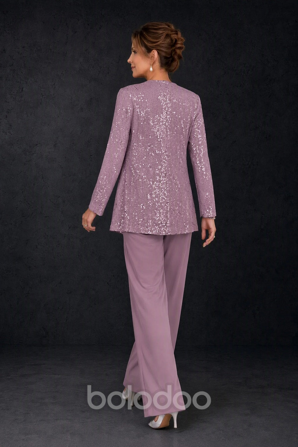 BOLODOO Mauve Sequin Lace 3-Piece Pant Suit with Long Sleeve Jacket - back view | BOLODOO watermark
