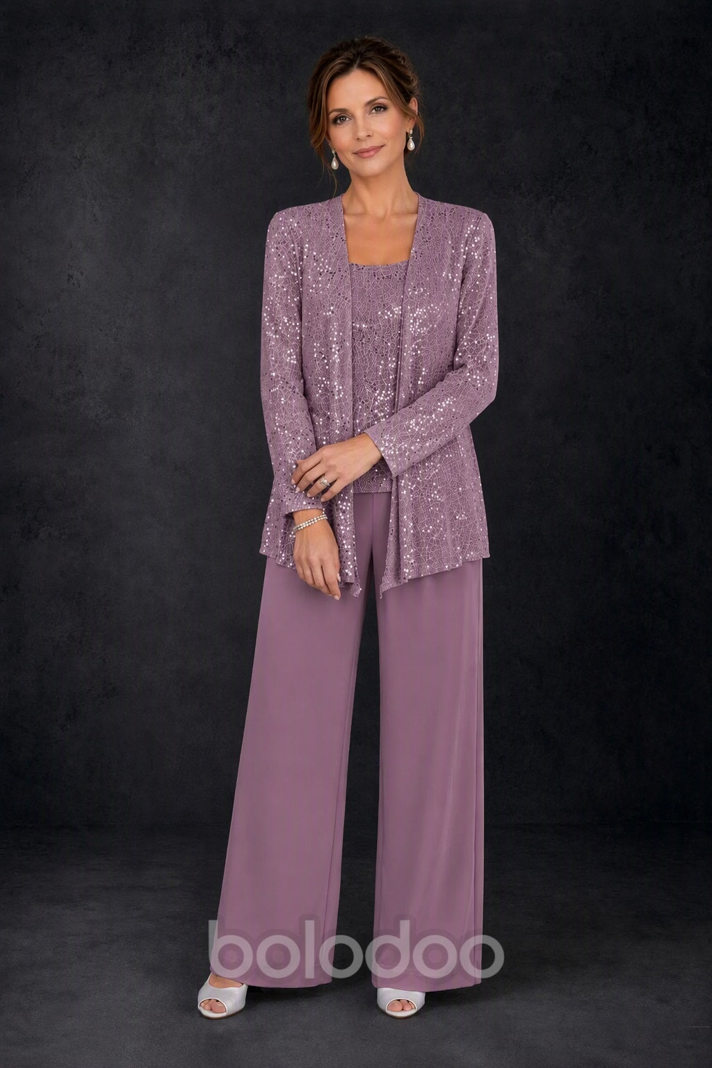 BOLODOO Mauve Sequin Lace 3-Piece Pant Suit with Long Sleeve Jacket - detail view | BOLODOO watermark