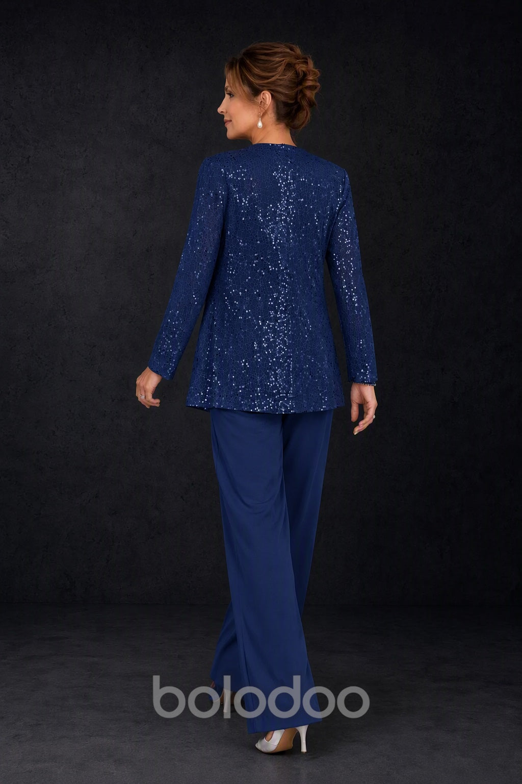 BOLODOO Navy Sequin Lace 3-Piece Pant Suit with Long Sleeve Jacket - back view | BOLODOO watermark