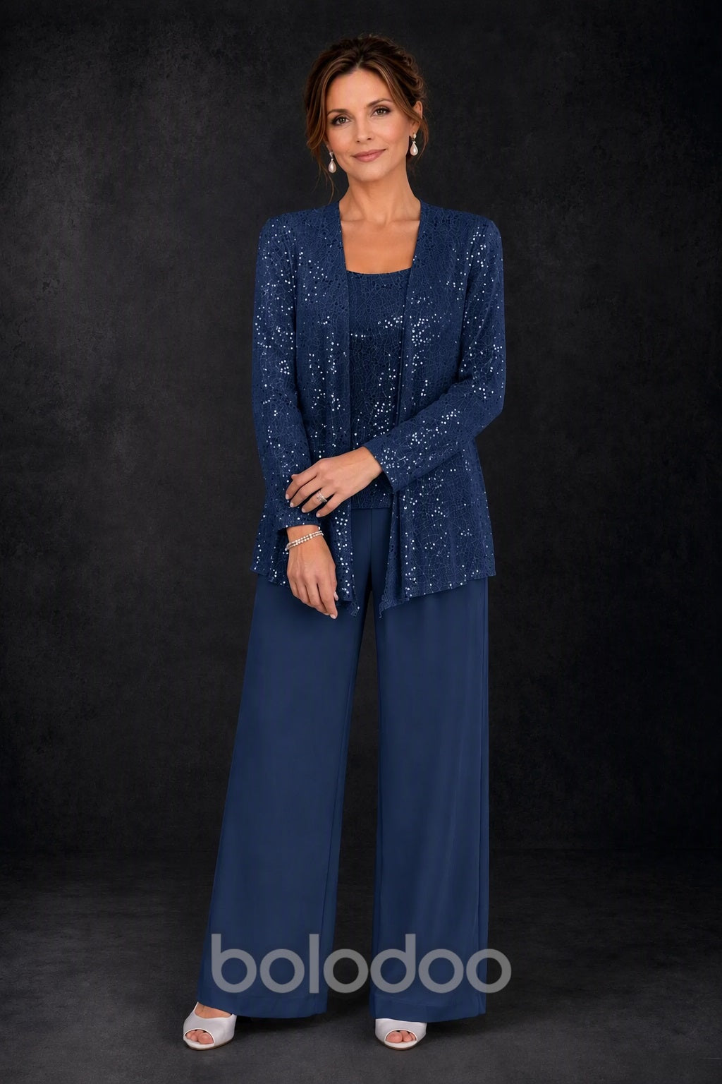 BOLODOO Navy Sequin Lace 3-Piece Pant Suit with Long Sleeve Jacket - detail view | BOLODOO watermark