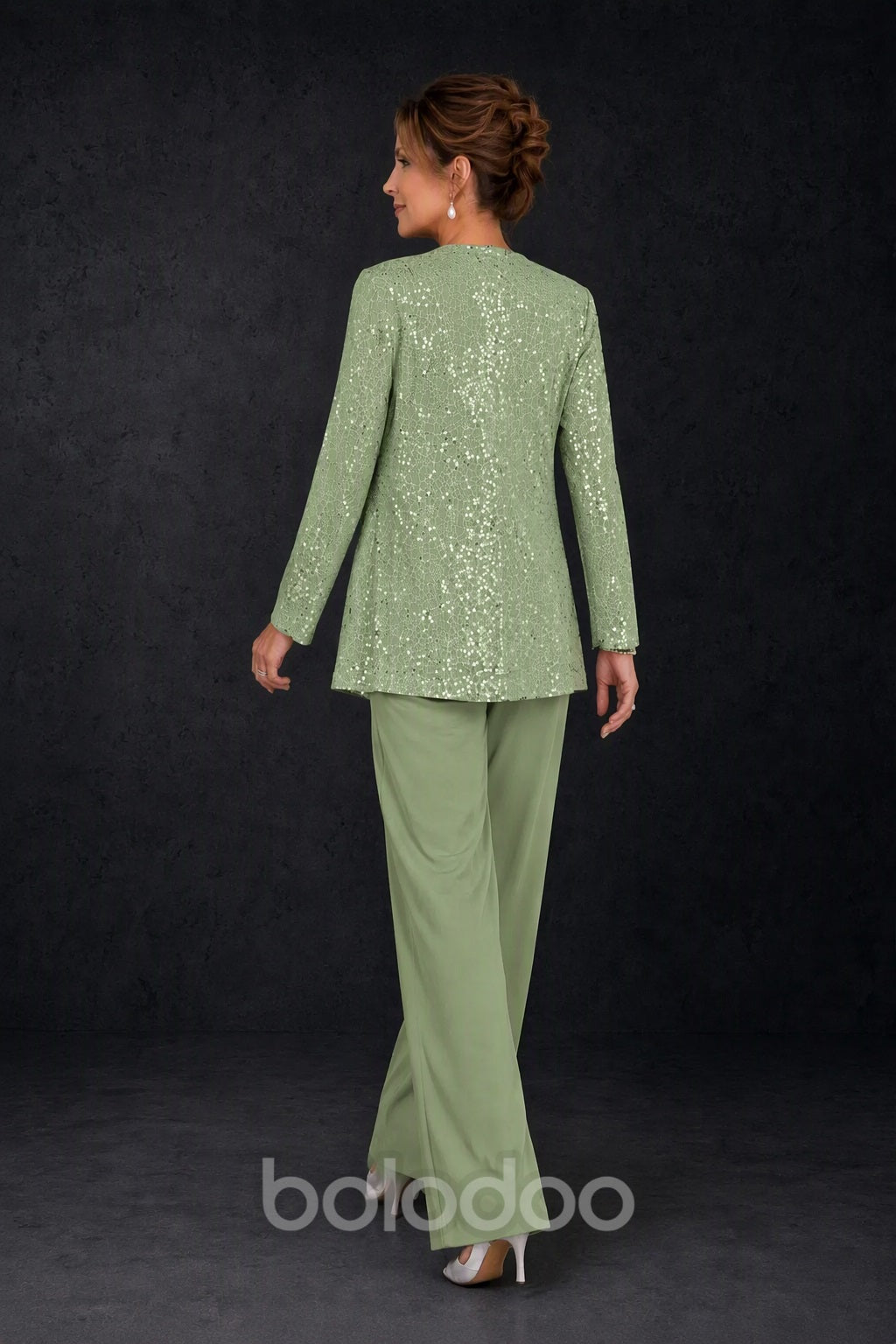 BOLODOO Sage Green Sequin Lace 3-Piece Pant Suit with Long Sleeve Jacket - back view | BOLODOO watermark