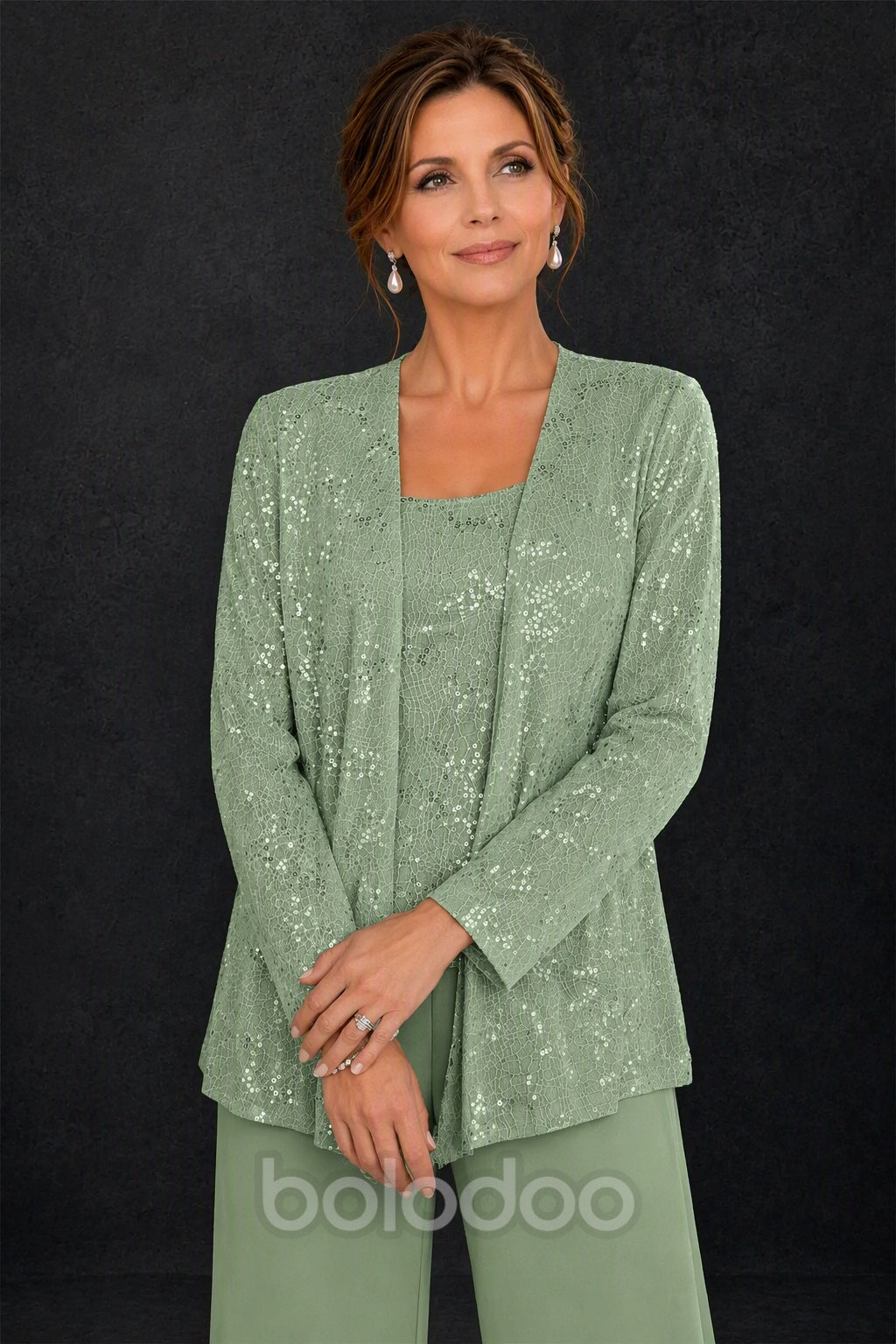 BOLODOO Sage Green Sequin Lace 3-Piece Pant Suit with Long Sleeve Jacket - detail view | BOLODOO watermark