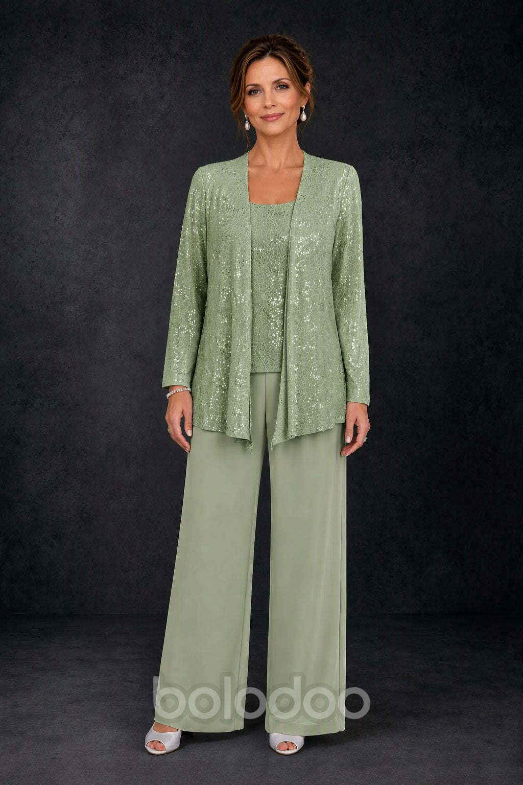 BOLODOO Sage Green Sequin Lace 3-Piece Pant Suit with Long Sleeve Jacket - detail view | BOLODOO watermark