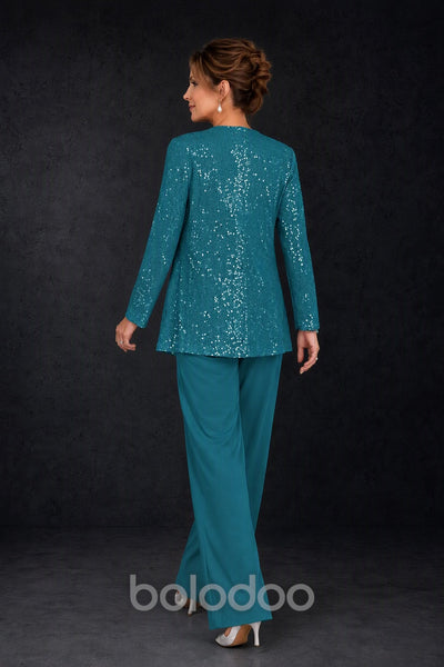 BOLODOO Teal Sequin Lace 3-Piece Pant Suit with Long Sleeve Jacket - back view | BOLODOO watermark