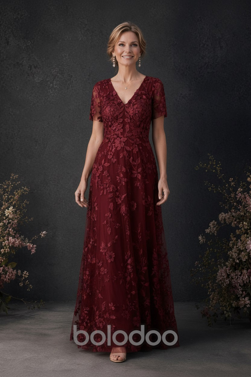 BOLODOO Burgundy 3D Floral Embroidered Lace V-Neck Short Sleeve A-Line Maxi Dress - detail view | BOLODOO watermark