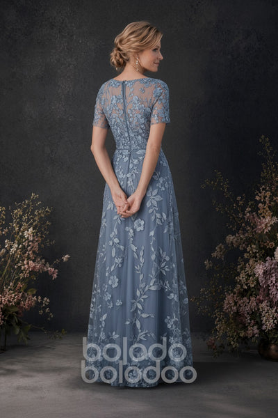 BOLODOO Dusty Blue 3D Floral Embroidered Lace V-Neck Short Sleeve A-Line Maxi Dress - back view | BOLODOO watermark