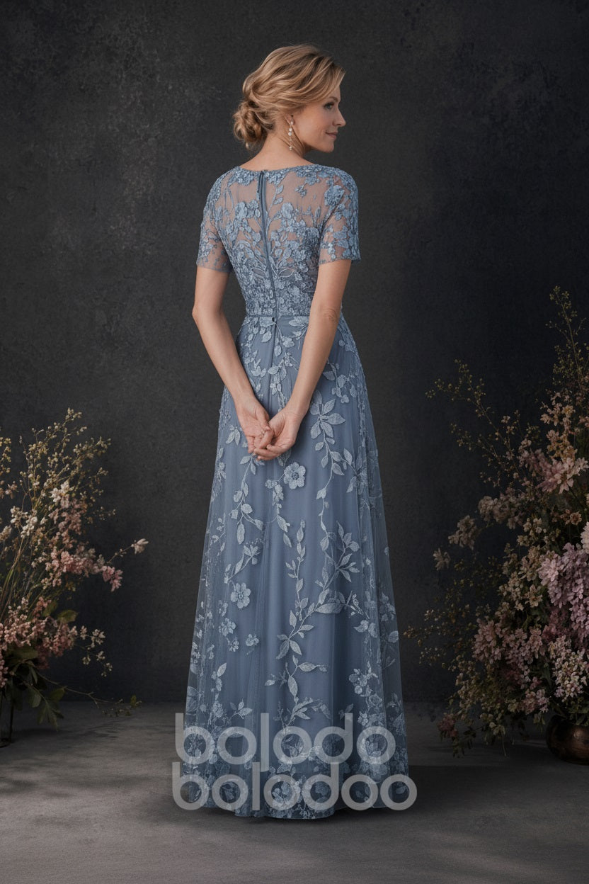 BOLODOO Dusty Blue 3D Floral Embroidered Lace V-Neck Short Sleeve A-Line Maxi Dress - back view | BOLODOO watermark
