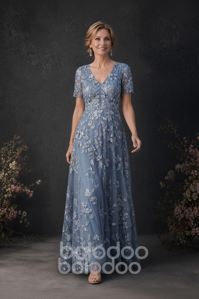 BOLODOO Dusty Blue 3D Floral Embroidered Lace V-Neck Short Sleeve A-Line Maxi Dress - detail view | BOLODOO watermark