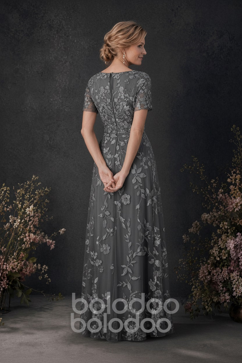 BOLODOO Grey 3D Floral Embroidered Lace V-Neck Short Sleeve A-Line Maxi Dress - back view | BOLODOO watermark