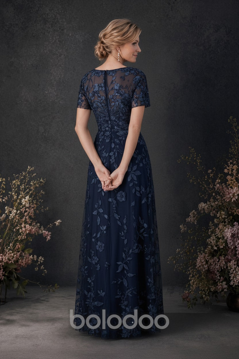 BOLODOO Navy 3D Floral Embroidered Lace V-Neck Short Sleeve A-Line Maxi Dress - back view | BOLODOO watermark