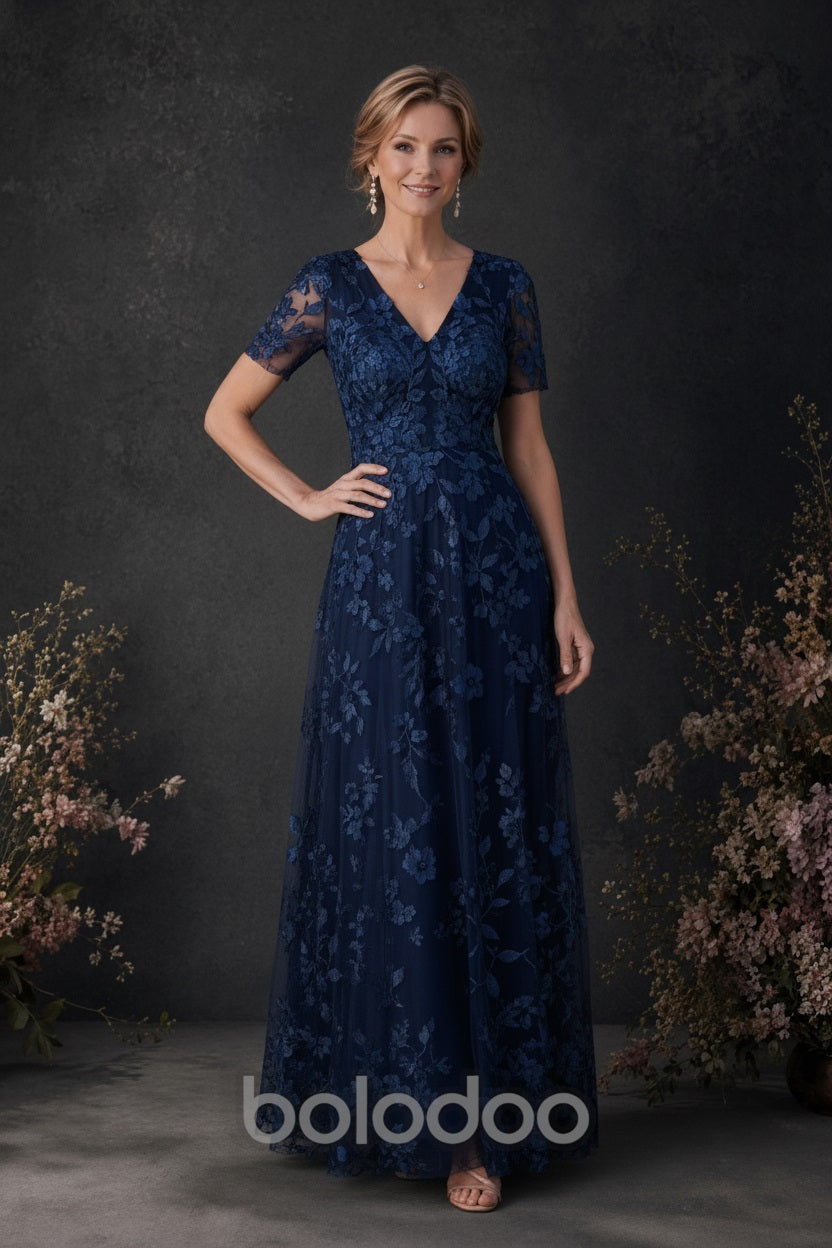 BOLODOO Navy 3D Floral Embroidered Lace V-Neck Short Sleeve A-Line Maxi Dress - detail view | BOLODOO watermark