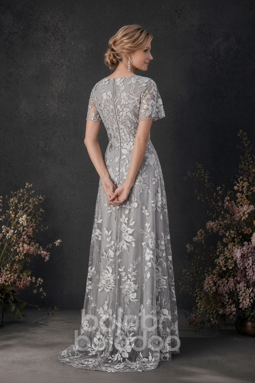 BOLODOO Silver 3D Floral Embroidered Lace V-Neck Short Sleeve A-Line Maxi Dress - back view | BOLODOO watermark