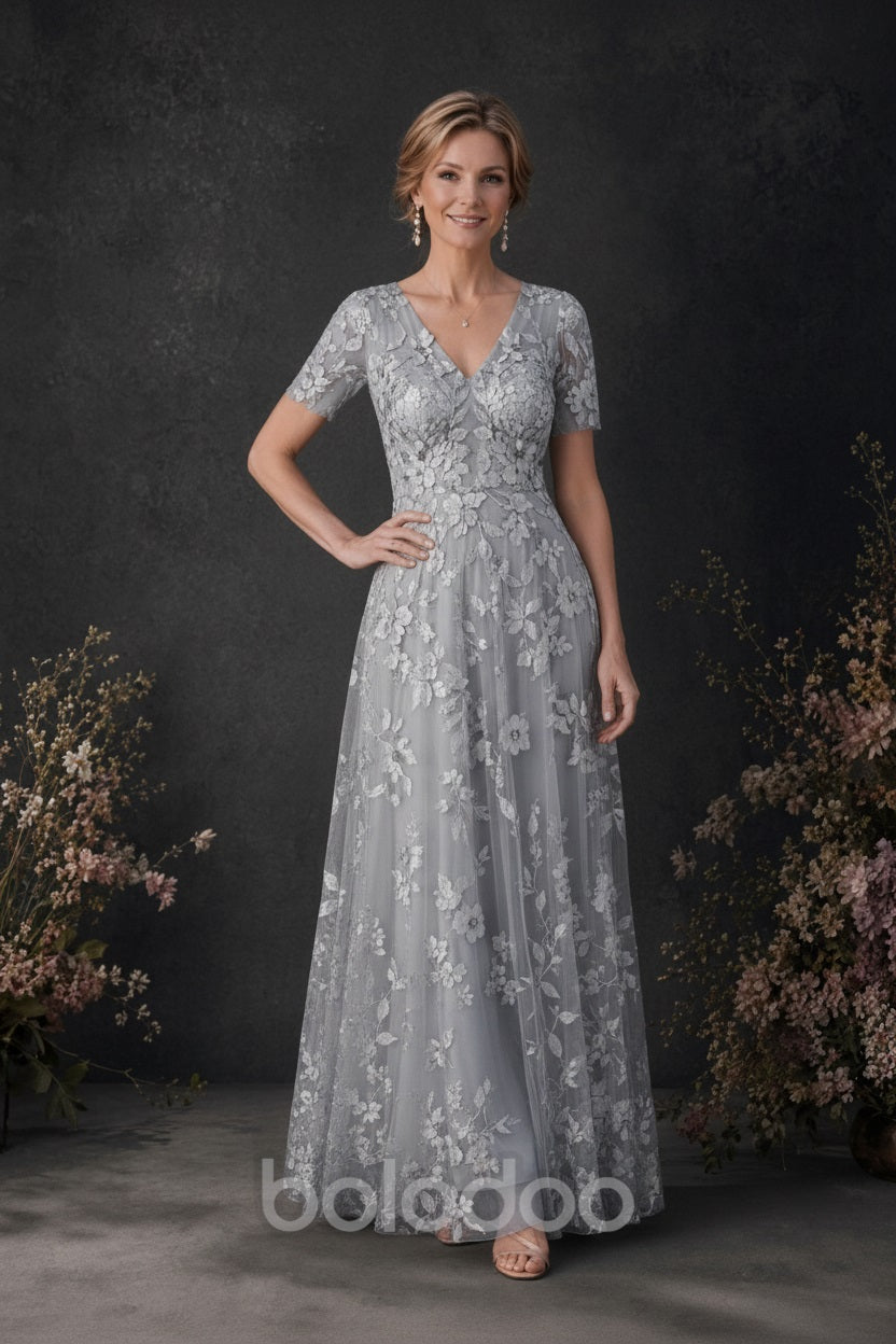 BOLODOO Silver 3D Floral Embroidered Lace V-Neck Short Sleeve A-Line Maxi Dress - detail view | BOLODOO watermark