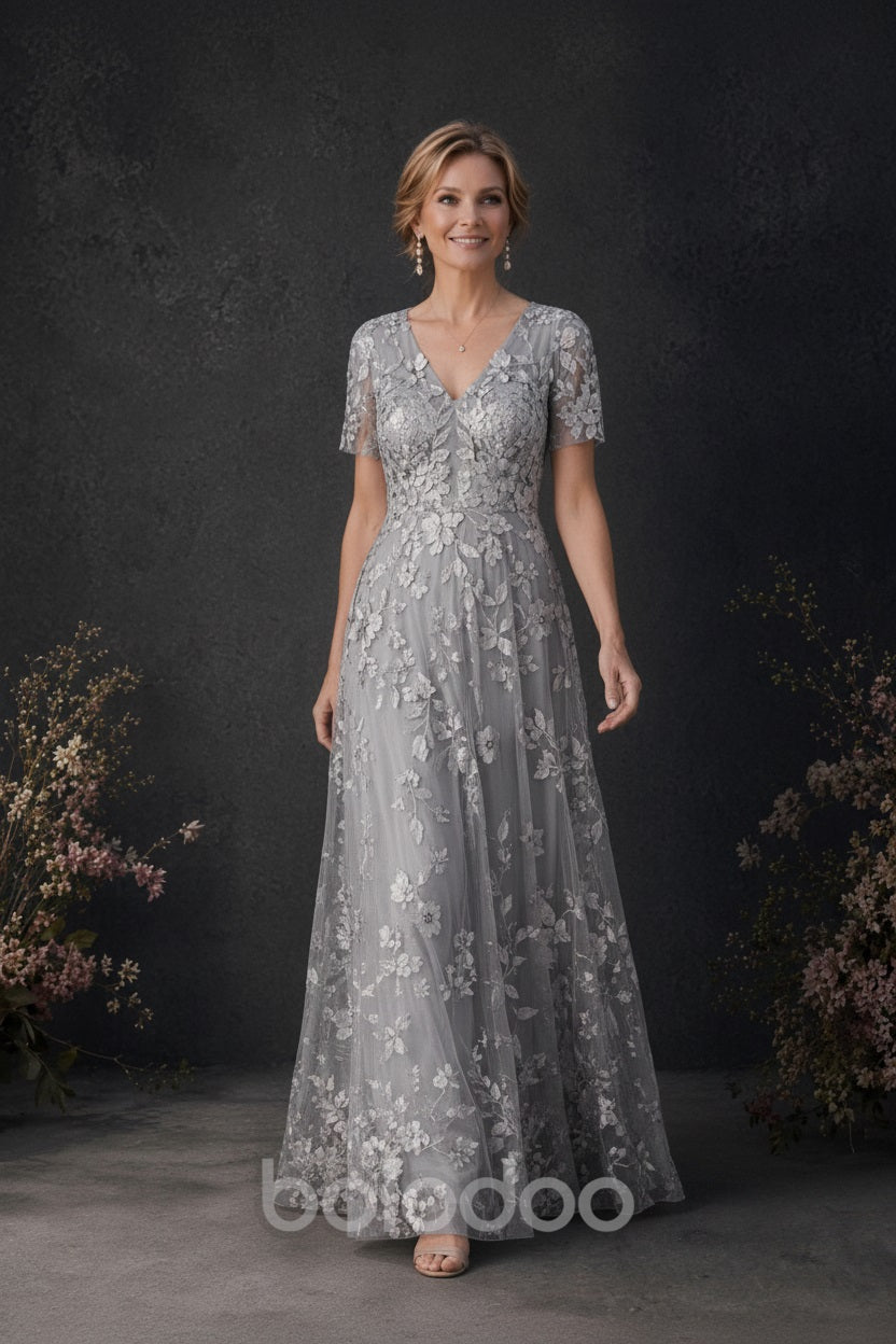 BOLODOO Silver 3D Floral Embroidered Lace V-Neck Short Sleeve A-Line Maxi Dress - detail view | BOLODOO watermark