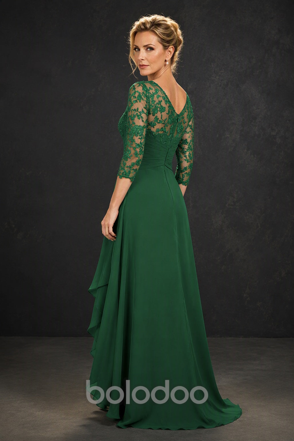 BOLODOO Green Sequin Lace & Chiffon Tea-Length Mother of the Bride Dress with 3/4 Sleeves - back view | BOLODOO watermark