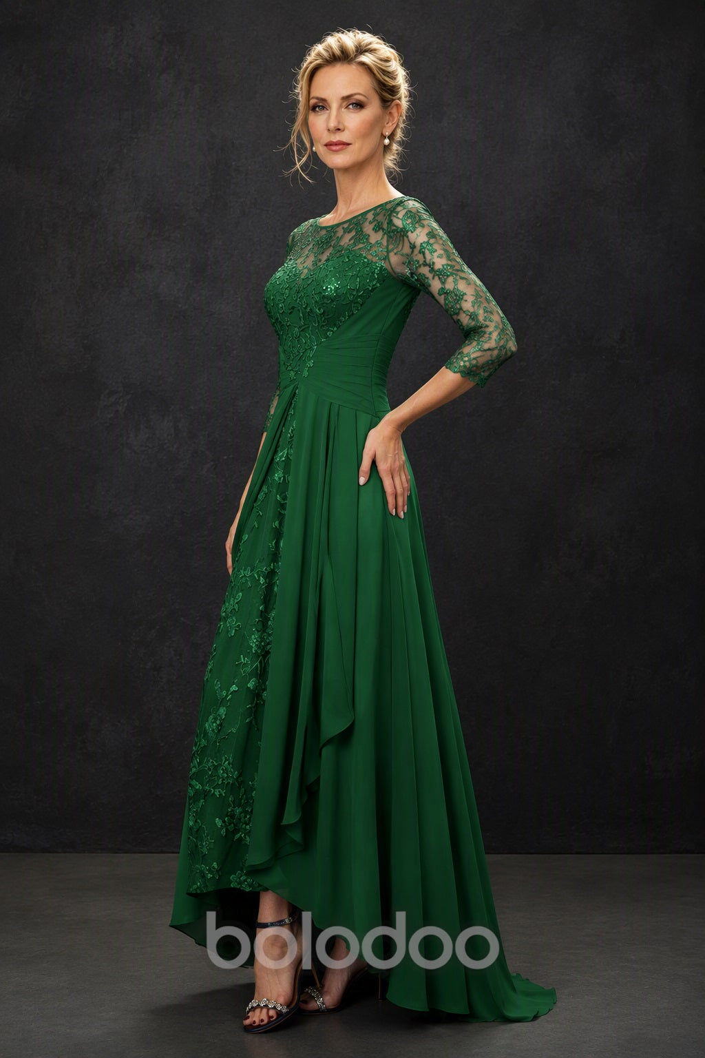 BOLODOO Green Sequin Lace & Chiffon Tea-Length Mother of the Bride Dress with 3/4 Sleeves - detail view | BOLODOO watermark