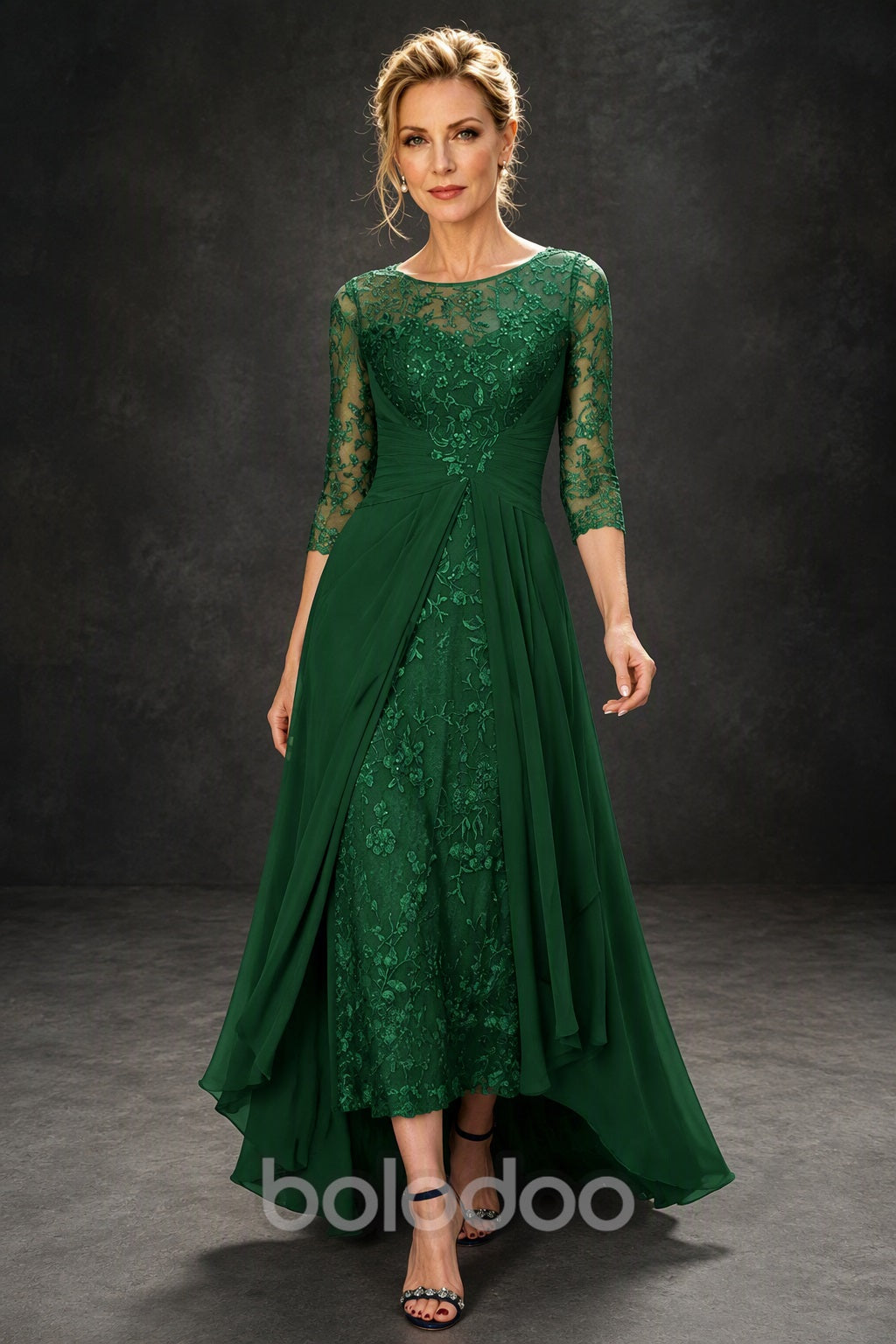 BOLODOO Green Sequin Lace & Chiffon Tea-Length Mother of the Bride Dress with 3/4 Sleeves - detail view | BOLODOO watermark