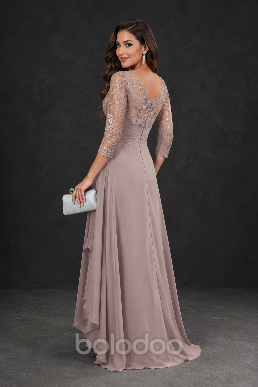 BOLODOO Dusty Rose Sequin Lace & Chiffon Tea-Length Mother of the Bride Dress with 3/4 Sleeves - back view | BOLODOO watermark