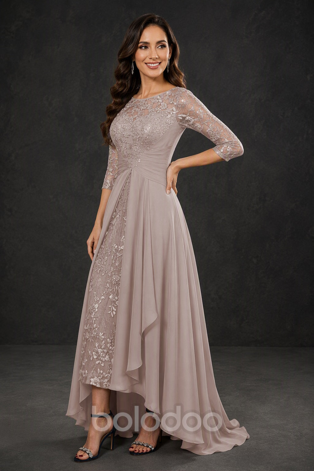 BOLODOO Dusty Rose Sequin Lace & Chiffon Tea-Length Mother of the Bride Dress with 3/4 Sleeves - detail view | BOLODOO watermark