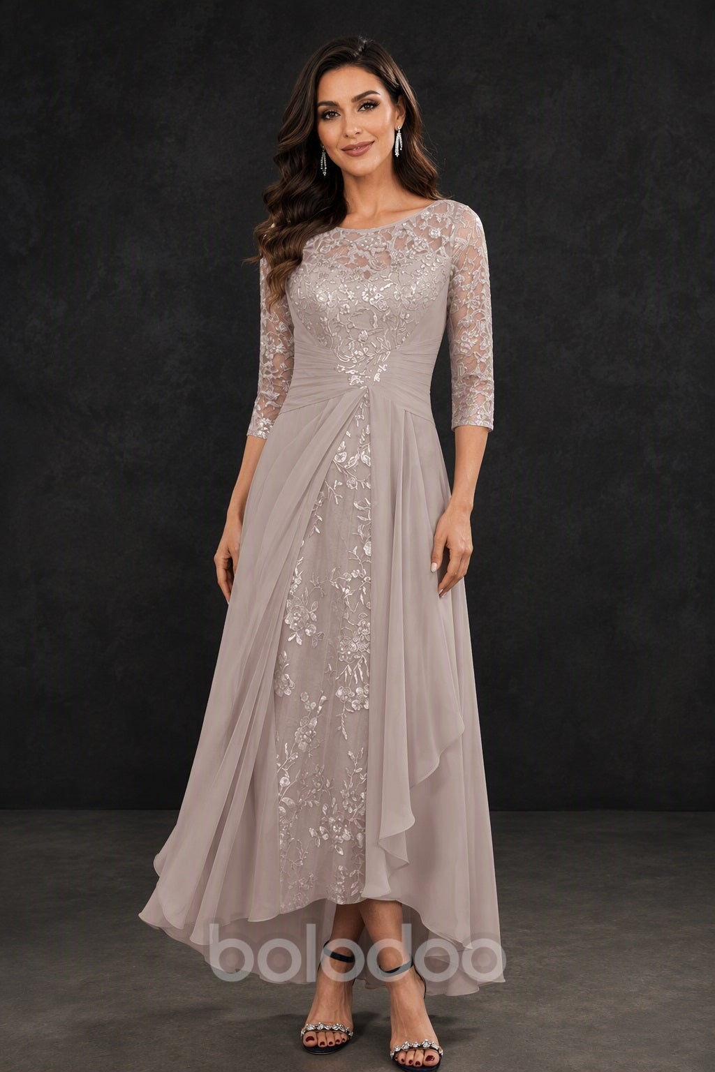 BOLODOO Dusty Rose Sequin Lace & Chiffon Tea-Length Mother of the Bride Dress with 3/4 Sleeves - detail view | BOLODOO watermark