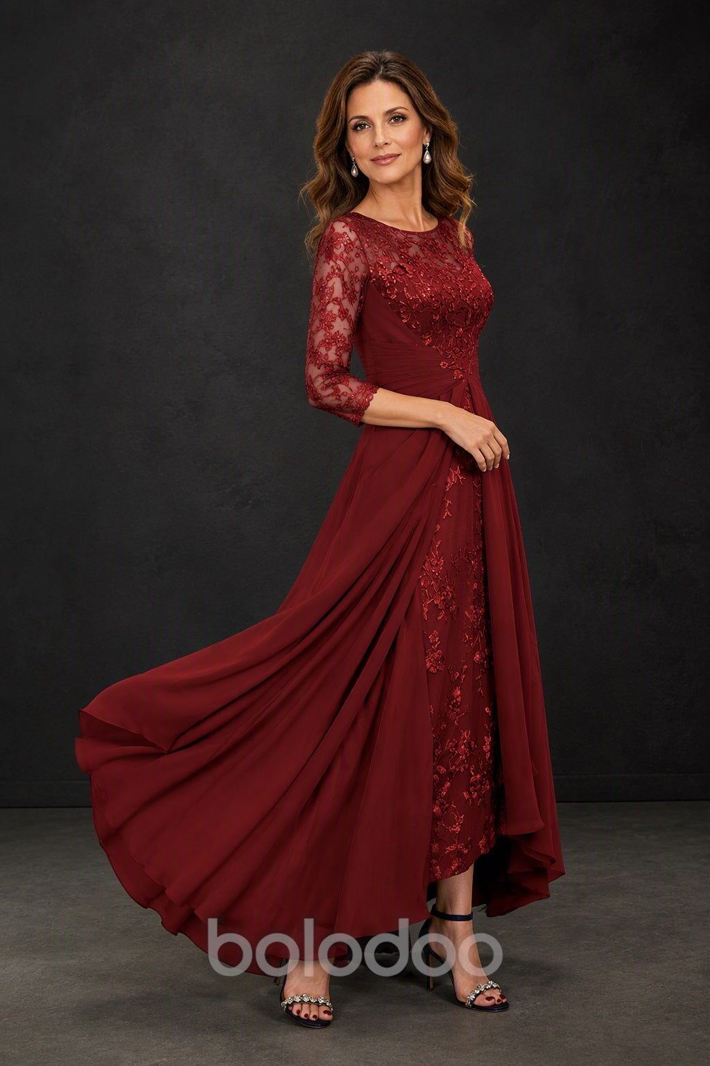 BOLODOO Burgundy Sequin Lace & Chiffon Tea-Length Mother of the Bride Dress with 3/4 Sleeves - back view | BOLODOO watermark