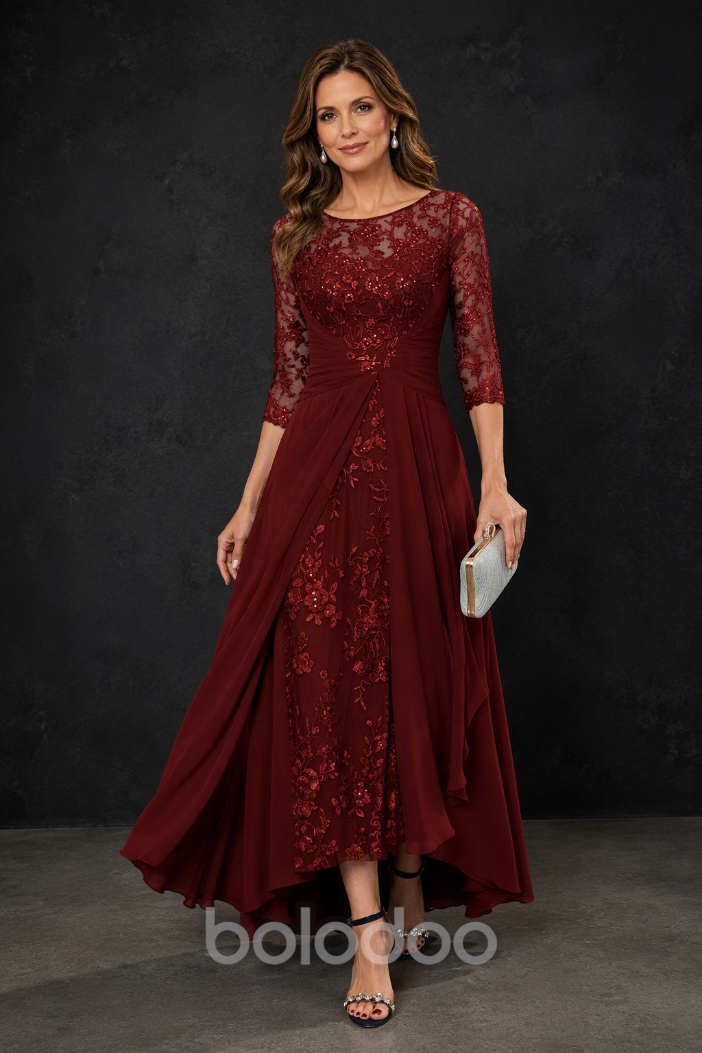 BOLODOO Burgundy Sequin Lace & Chiffon Tea-Length Mother of the Bride Dress with 3/4 Sleeves - detail view | BOLODOO watermark
