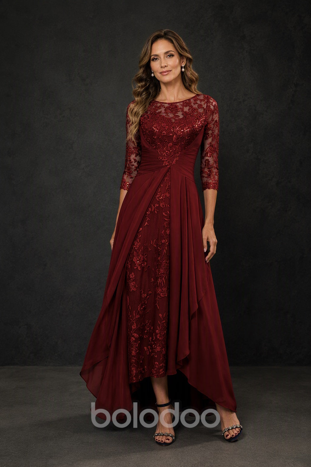 BOLODOO Burgundy Sequin Lace & Chiffon Tea-Length Mother of the Bride Dress with 3/4 Sleeves - detail view | BOLODOO watermark