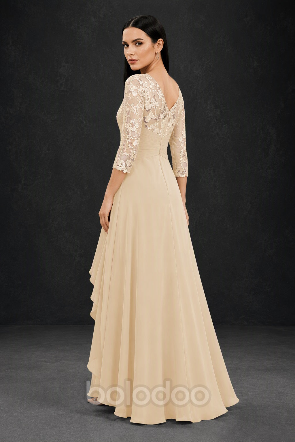 BOLODOO Champagne Sequin Lace & Chiffon Tea-Length Mother of the Bride Dress with 3/4 Sleeves - back view | BOLODOO watermark