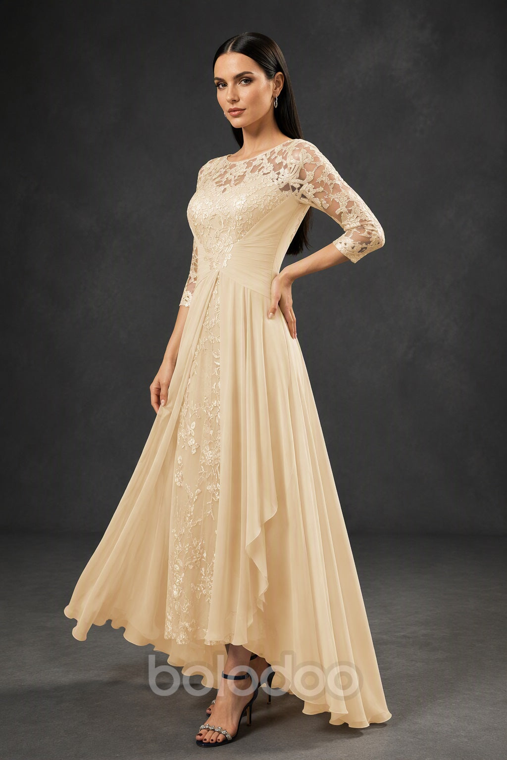 BOLODOO Champagne Sequin Lace & Chiffon Tea-Length Mother of the Bride Dress with 3/4 Sleeves - detail view | BOLODOO watermark