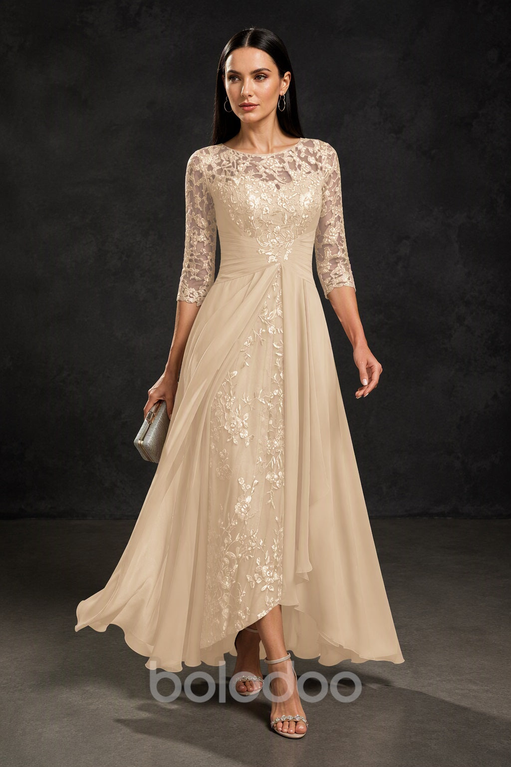 BOLODOO Champagne Sequin Lace & Chiffon Tea-Length Mother of the Bride Dress with 3/4 Sleeves - detail view | BOLODOO watermark