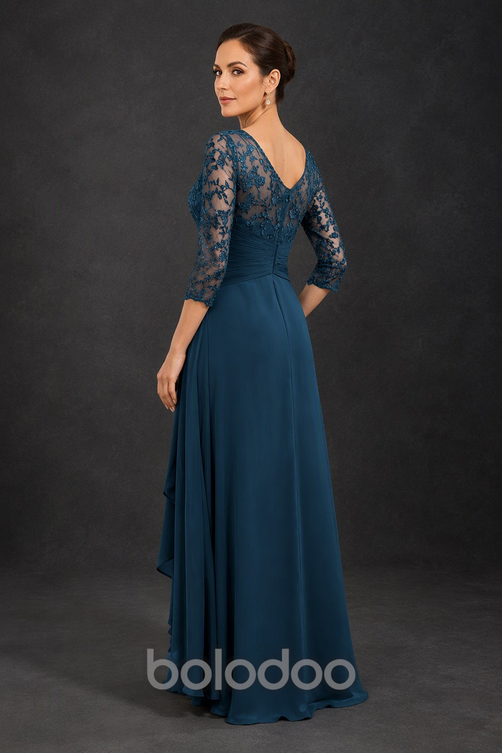 BOLODOO Navy Sequin Lace & Chiffon Tea-Length Mother of the Bride Dress with 3/4 Sleeves - back view | BOLODOO watermark