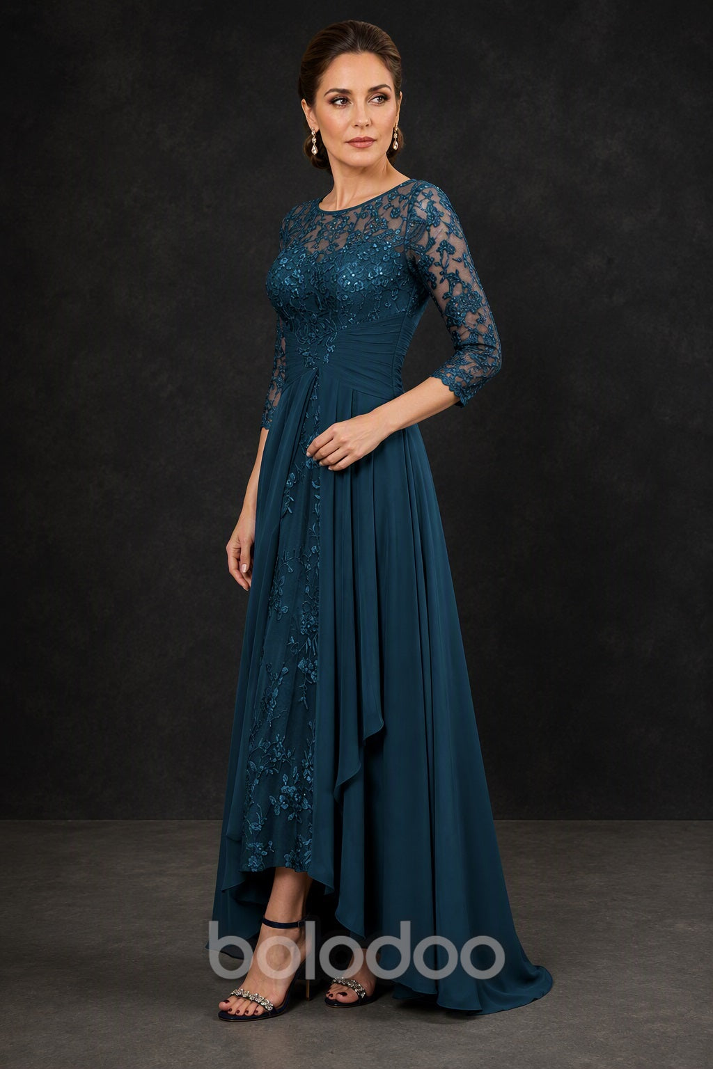 BOLODOO Navy Sequin Lace & Chiffon Tea-Length Mother of the Bride Dress with 3/4 Sleeves - detail view | BOLODOO watermark
