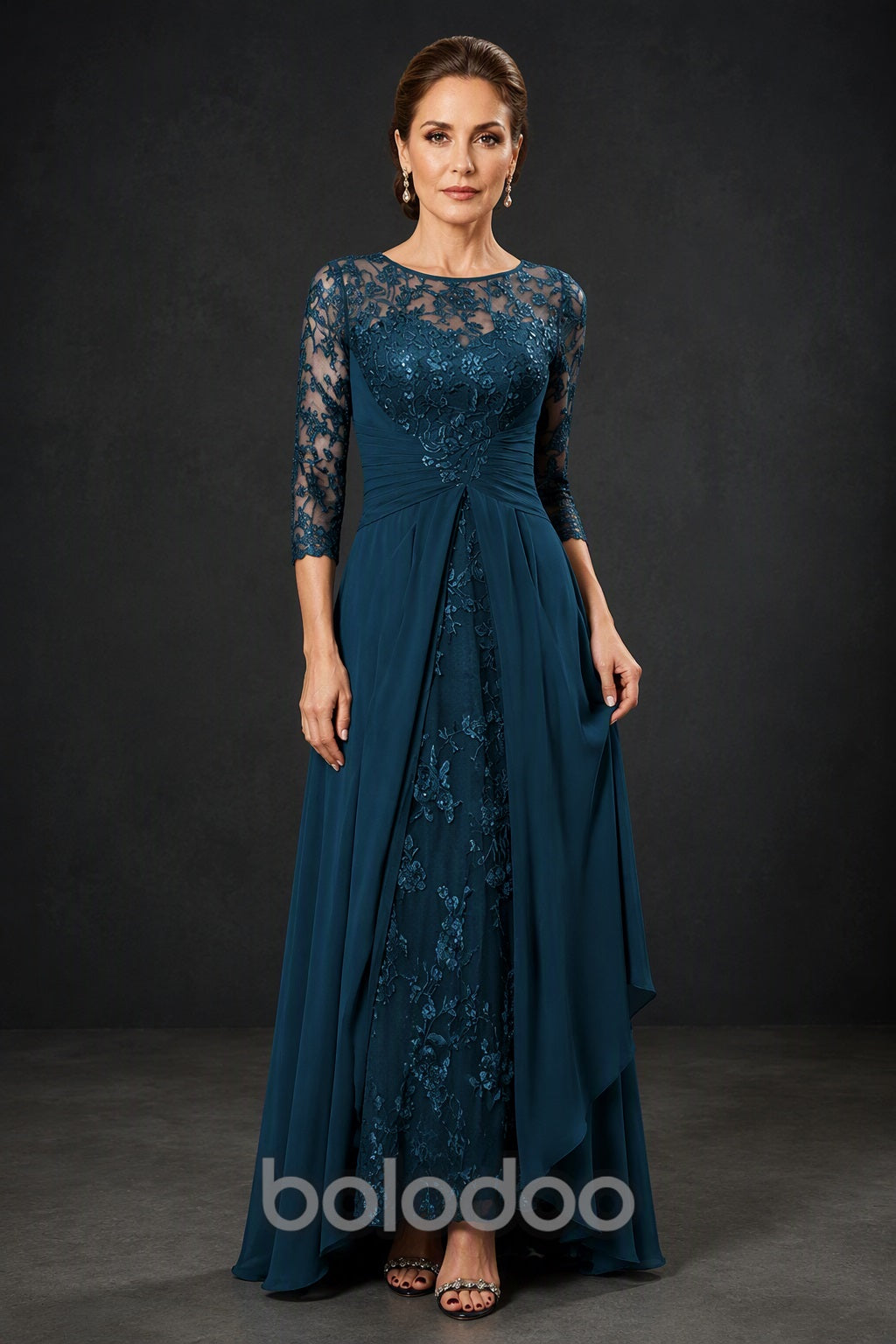 BOLODOO Navy Sequin Lace & Chiffon Tea-Length Mother of the Bride Dress with 3/4 Sleeves - detail view | BOLODOO watermark