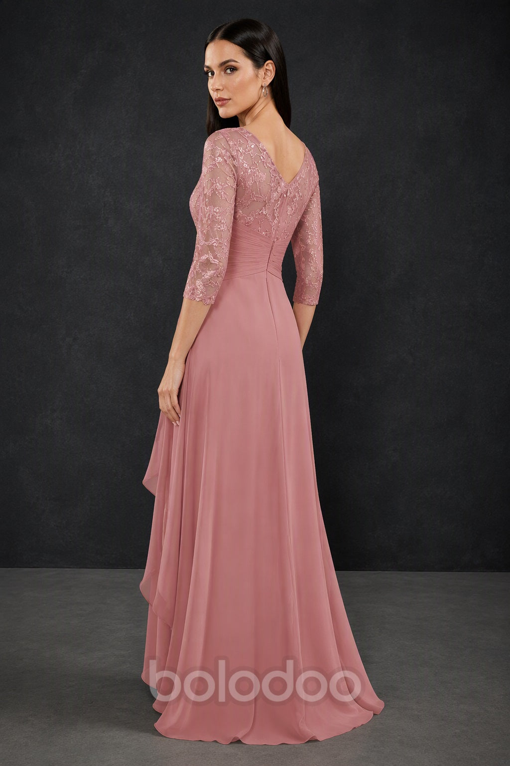 BOLODOO Blush Pink Sequin Lace & Chiffon Tea-Length Mother of the Bride Dress with 3/4 Sleeves - back view | BOLODOO watermark