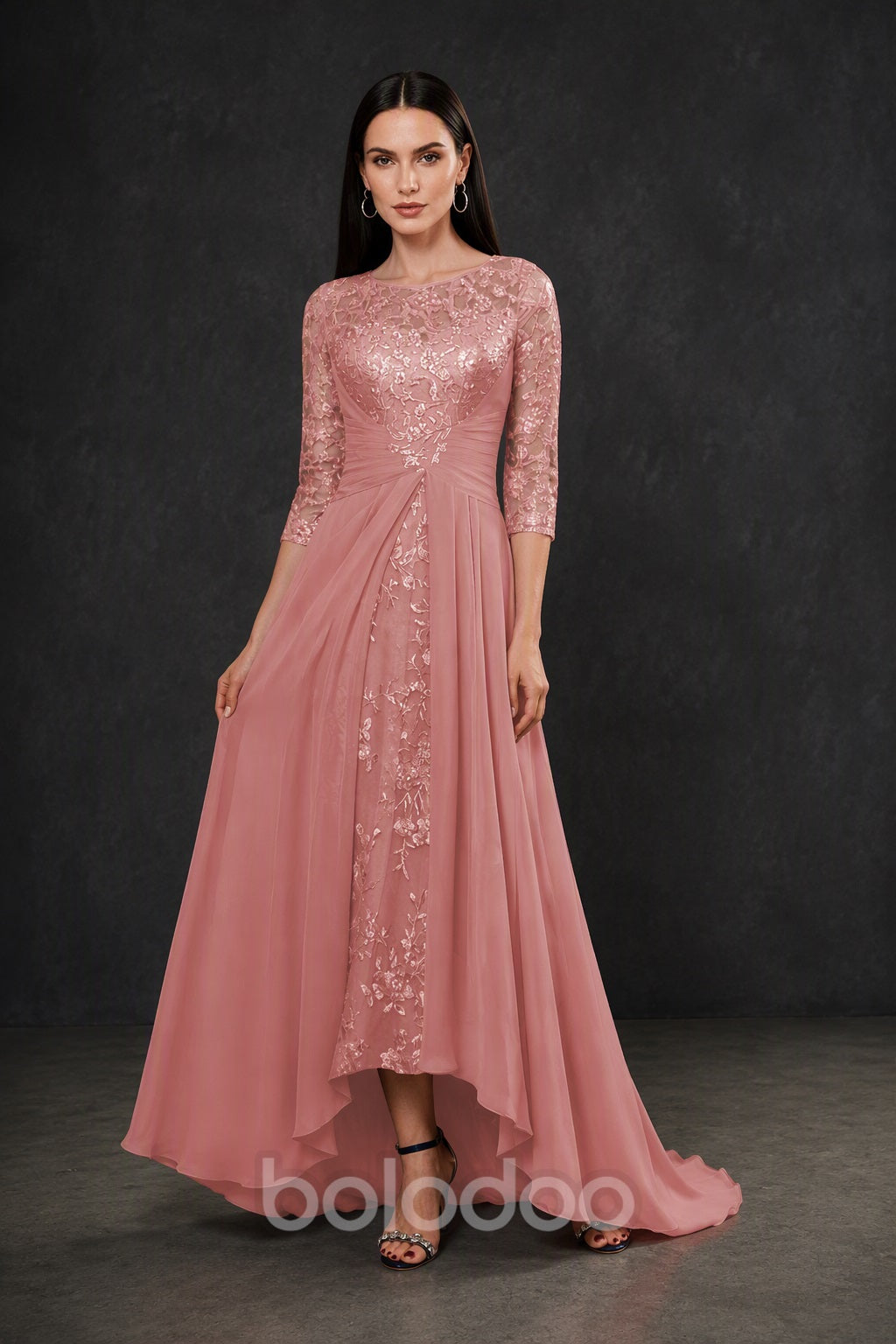 BOLODOO Blush Pink Sequin Lace & Chiffon Tea-Length Mother of the Bride Dress with 3/4 Sleeves - detail view | BOLODOO watermark