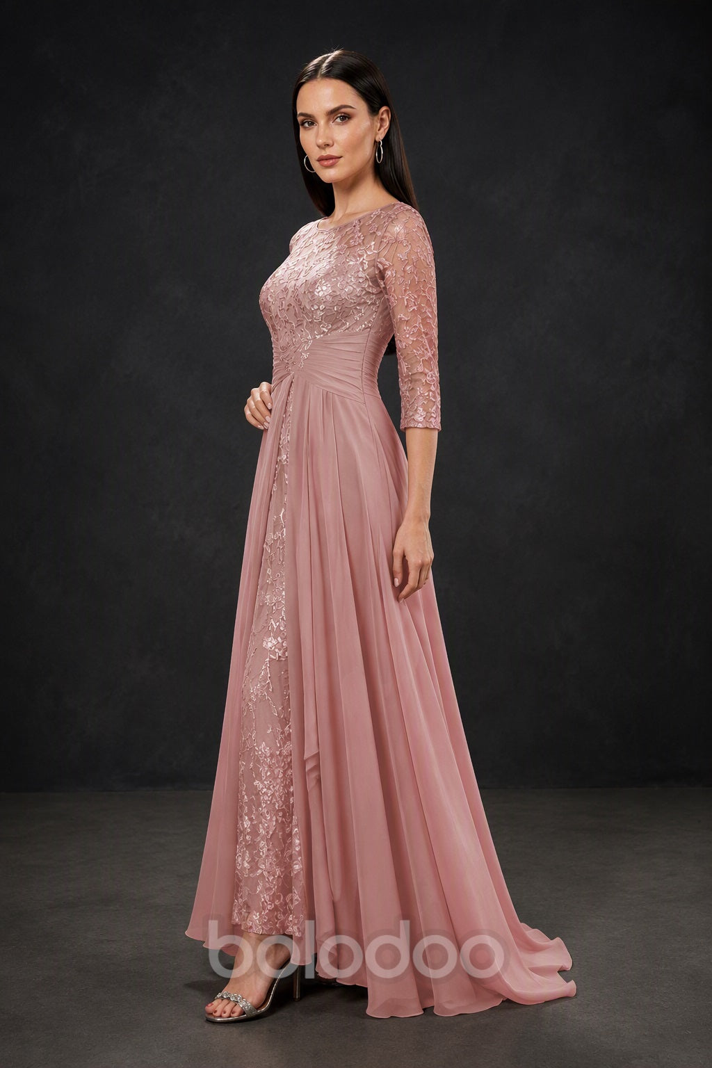 BOLODOO Blush Pink Sequin Lace & Chiffon Tea-Length Mother of the Bride Dress with 3/4 Sleeves - detail view | BOLODOO watermark