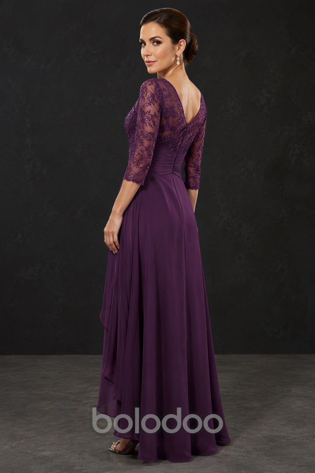 BOLODOO Purple Sequin Lace & Chiffon Tea-Length Mother of the Bride Dress with 3/4 Sleeves - back view | BOLODOO watermark