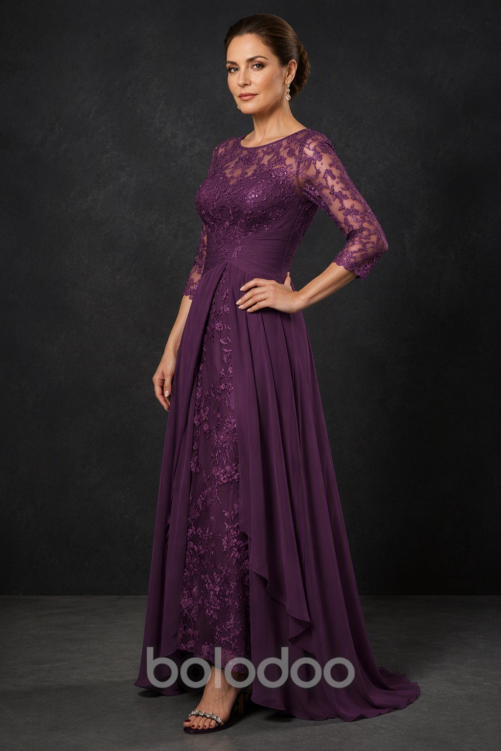 BOLODOO Purple Sequin Lace & Chiffon Tea-Length Mother of the Bride Dress with 3/4 Sleeves - detail view | BOLODOO watermark