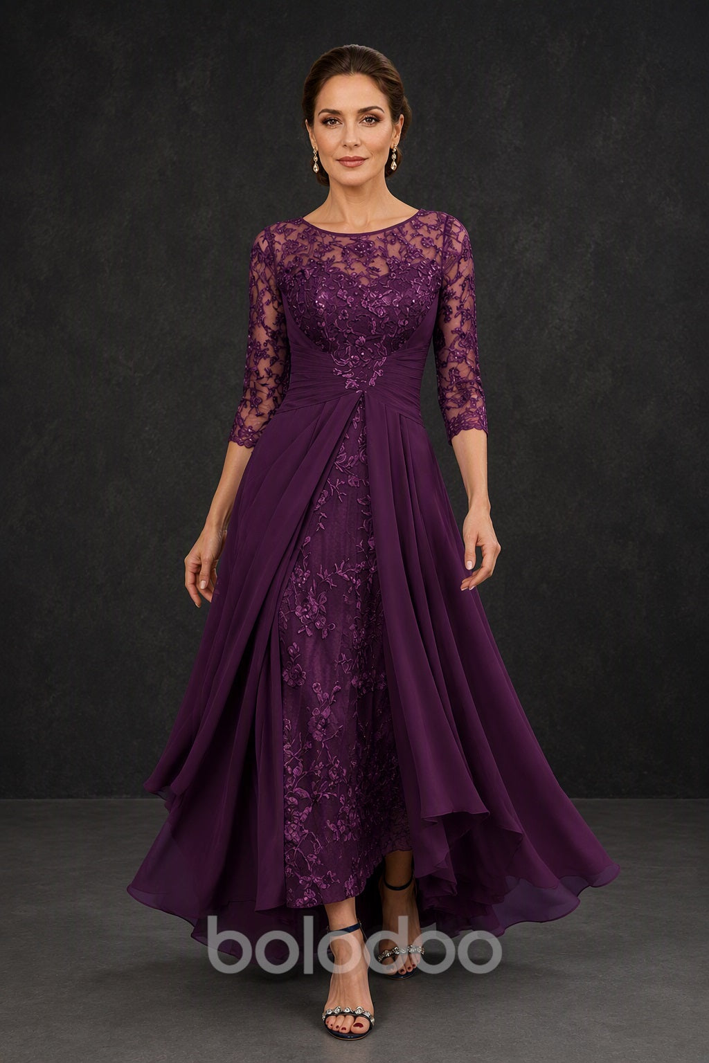 BOLODOO Purple Sequin Lace & Chiffon Tea-Length Mother of the Bride Dress with 3/4 Sleeves - detail view | BOLODOO watermark