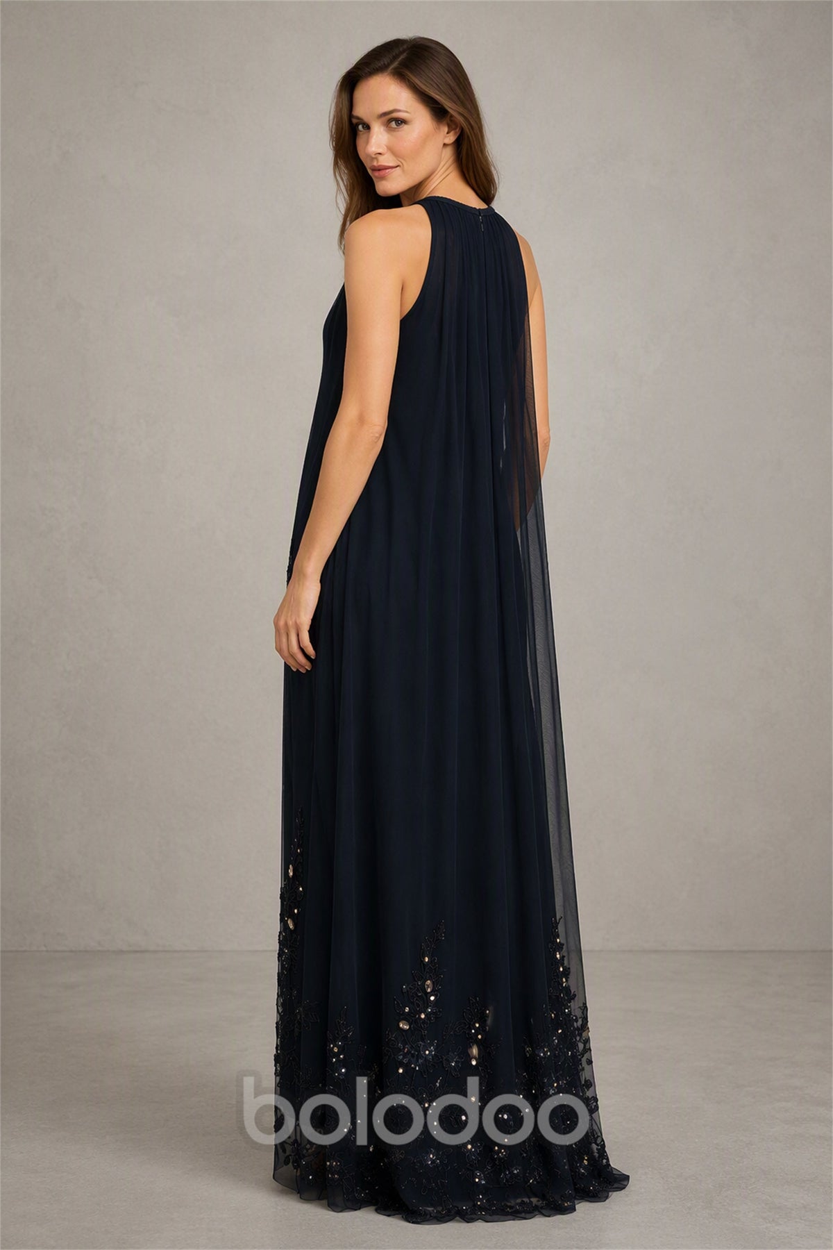 BOLODOO Navy Blue Halter Sequin Floral Cape Maxi Dress - Back View | BOLODOO watermark
