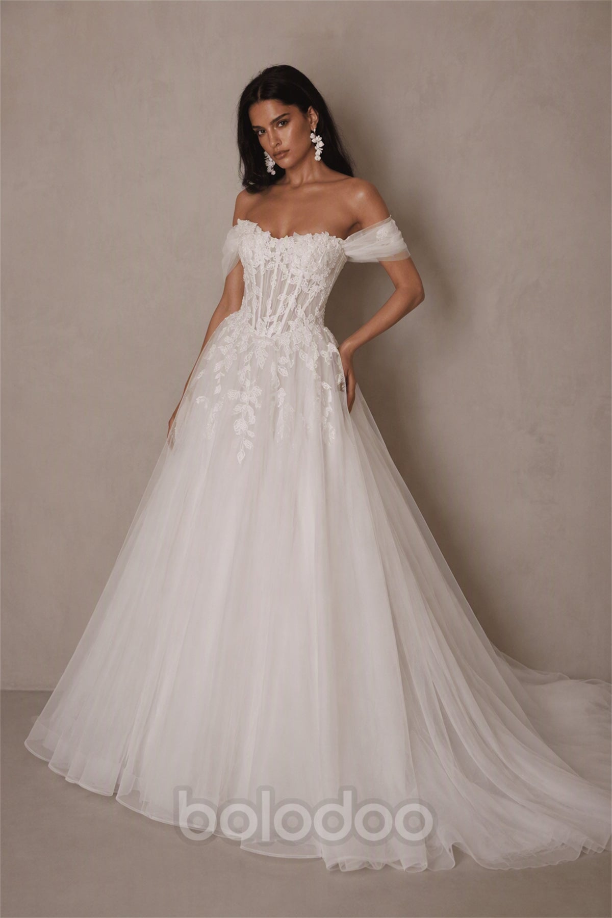 BOLODOO BX0056 off-shoulder corset wedding ball gown - full length front view showing voluminous tulle skirt, ivory white | BOLODOO watermark