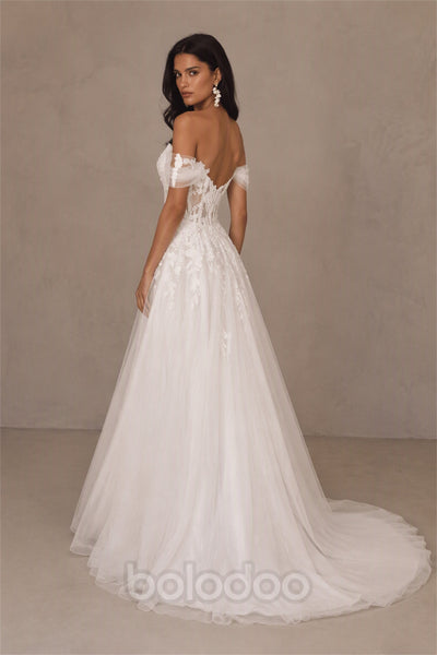 BOLODOO BX0056 off-shoulder corset wedding ball gown - open back view with chapel train, ivory white | BOLODOO watermark